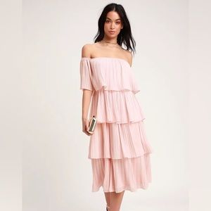 Lulus Gala Ready blush off the shoulder ruffle midi dress